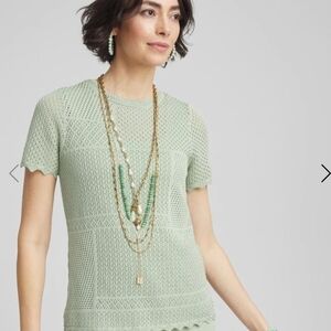 Chico's Moroccan Mint Green Openwork Knit Short Sleeve Sweater Medium (6423)